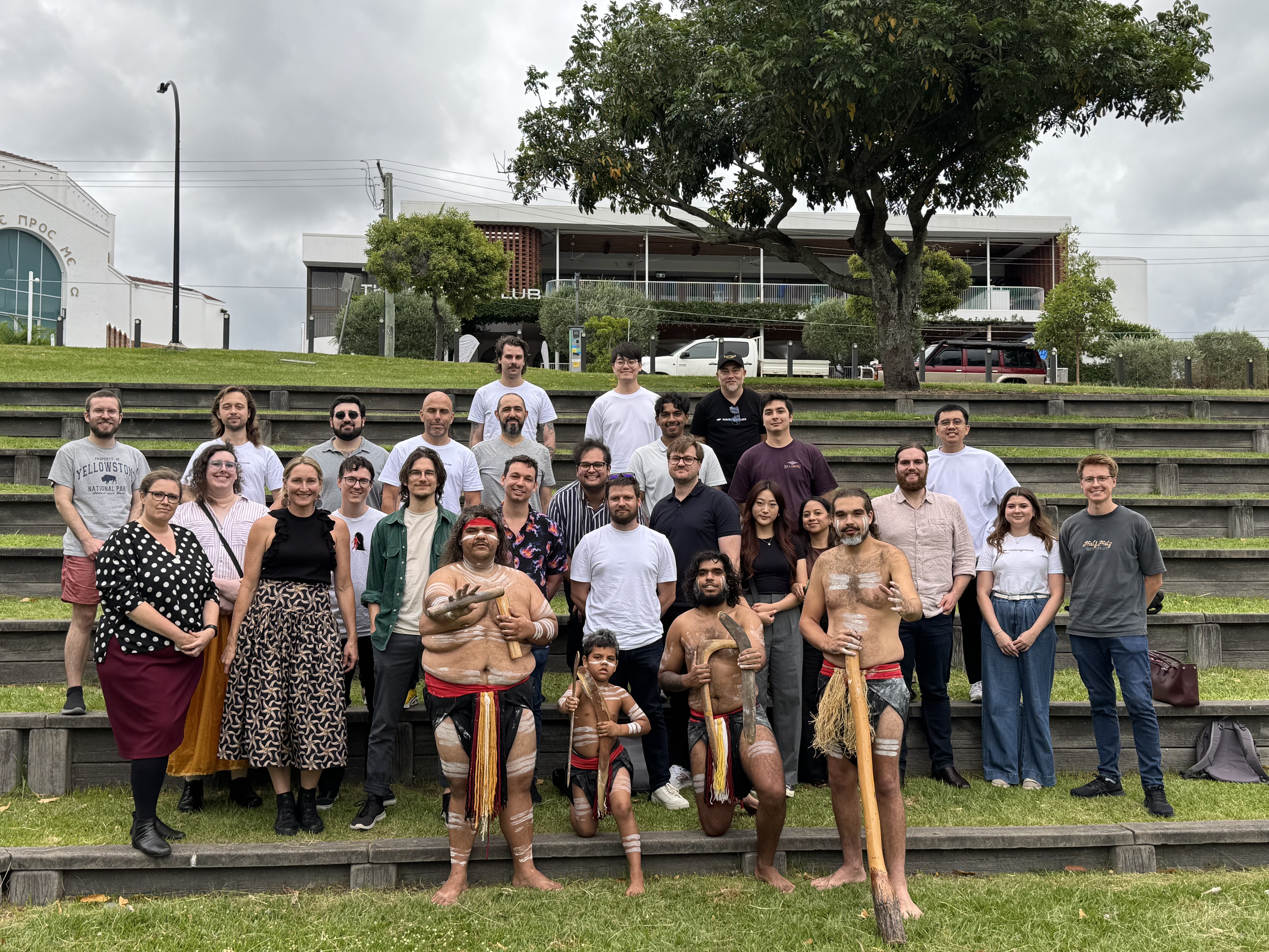 A group photo of the WorkingMouse employees and the performers