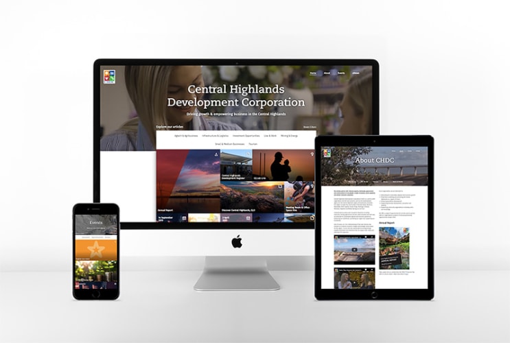 Responsive website design for Central Highlands Development Corporation displayed on desktop, tablet, and mobile devices, showcasing the adaptability and accessibility of the site across various platforms.