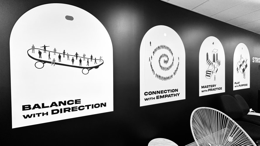 Black-and-white office wall art featuring four posters with motivational phrases: ‘Balance with Direction’ showing figures on a balance beam, ‘Connection with Empathy’ with people arranged in a spiral, ‘Mastery with Practice’ showing stacked blocks, and ‘Play with Purpose’ with figures interacting in a structured environment.