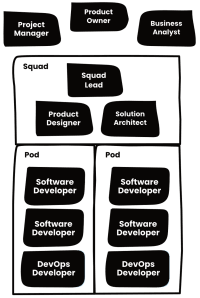 Organisational Squad Structure Chart visualising roles within a product development team. Key roles include Project Manager, Product Owner, and Business Analyst at the top level, followed by Squad Lead, Product Designer, and Solution Architect. Two separate pods exist, each consisting of Software Developers and DevOps Developers, collaborating to deliver product outcomes