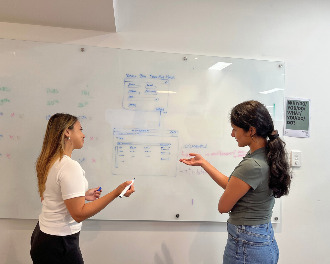 Two women talking in front of a whiteboard