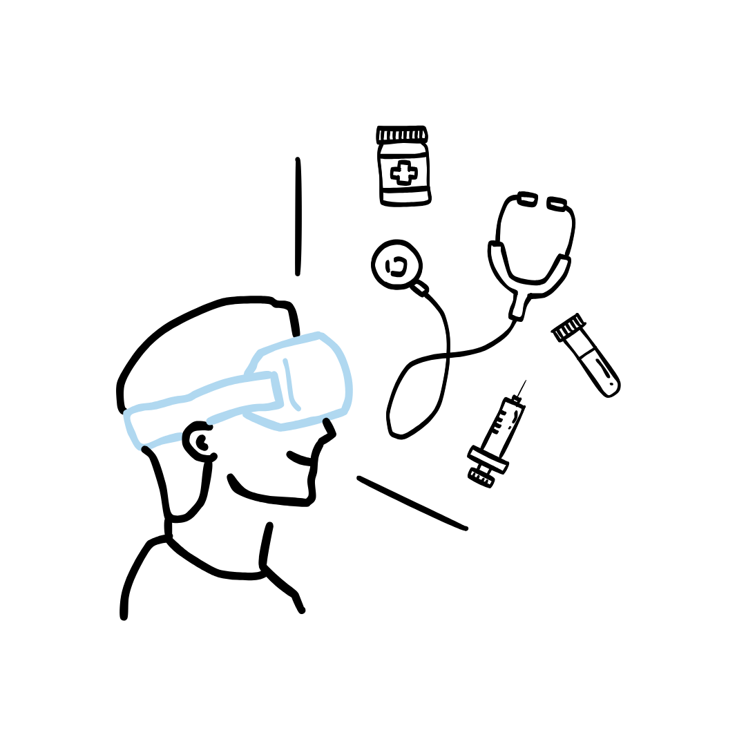a drawing of a man wearing a VR headset. there are images of medical tools infront of him. this represents someone in the medical field using VR