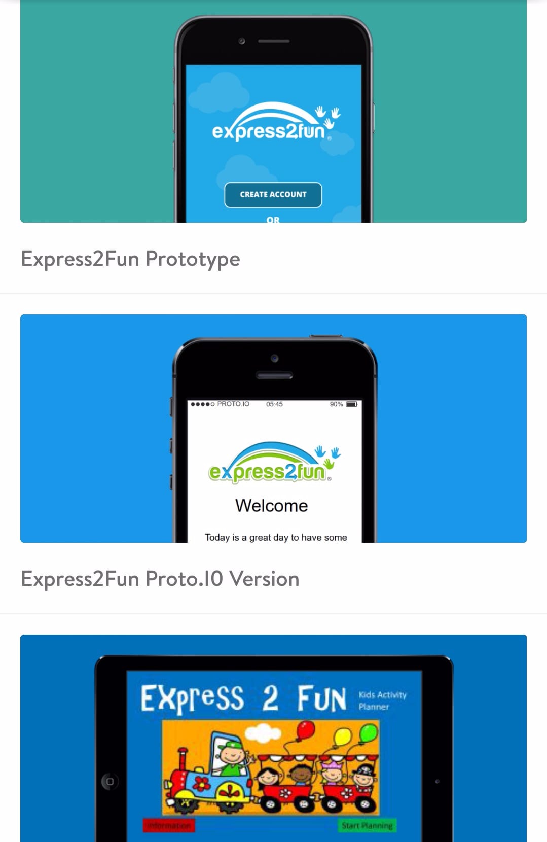 Express2Fun prototype and app screens showcasing different versions, including the Proto.IO version and kids activity planner, displayed on smartphones and tablets