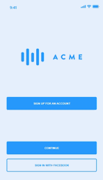 Low-fidelity wireframe of a mobile app login screen for ‘ACME,’ featuring minimal design with buttons for signing up, continuing, and signing in with Facebook. The simple layout emphasises functionality and user navigation during the early stages of design.