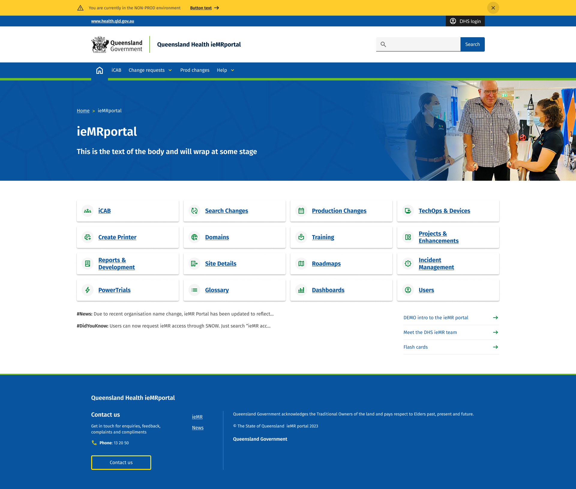 The application landing page after