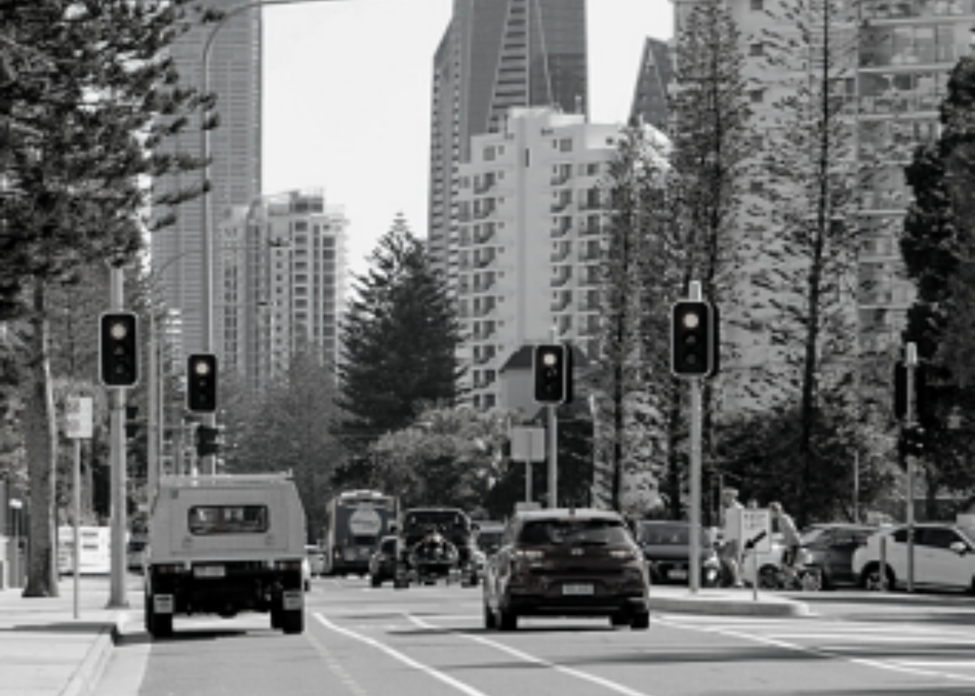 Black and whote photo of a road