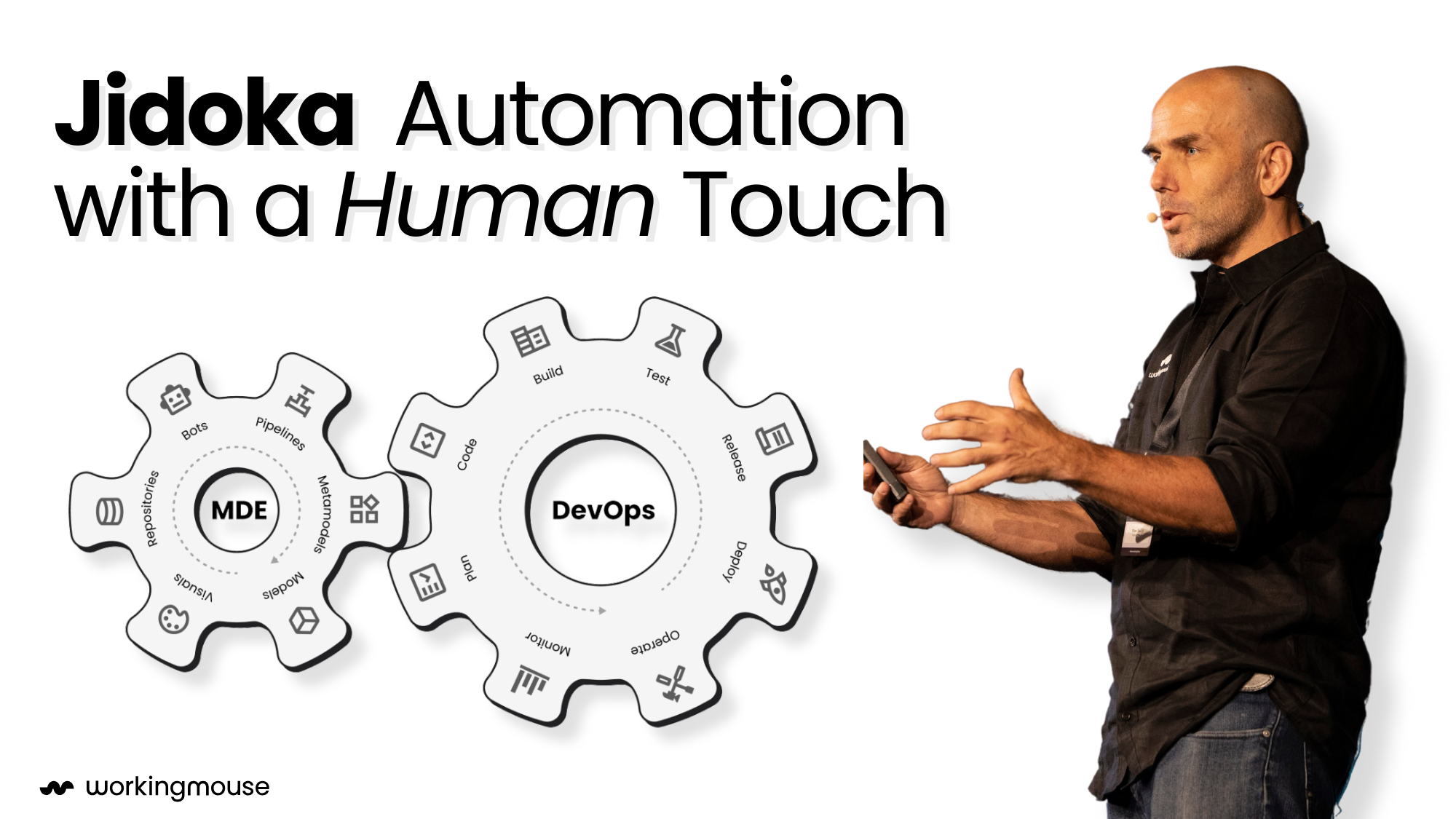 Jidoka: Automation with a Human Touch — visual of connected MDE and DevOps gears, alongside Eban Escott in a WorkingMouse shirt, highlighting the human-driven approach to software automation.