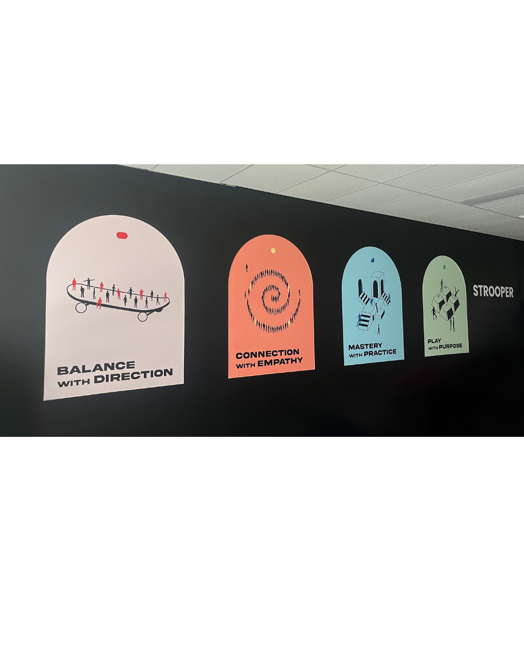 A photo of the values posters on the wall of the WorkingMouse office